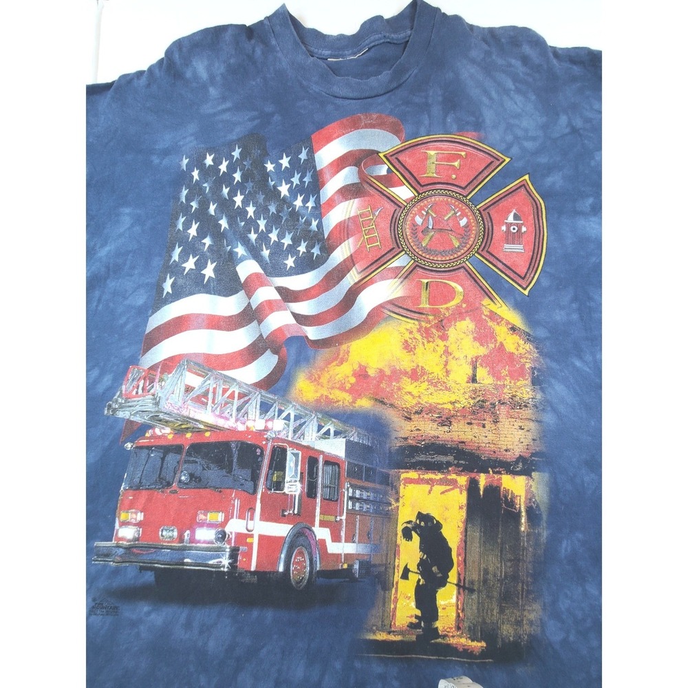 Vintage 2001 The Mountain Firefighter American Flag T-Shirt Men 3XL Blue Tie Dye